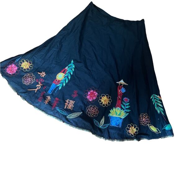 Y2K Chico's Blooming Garden Floral Embroidered Gypsy Fringe Full Skirt Womens M - Picture 1 of 9